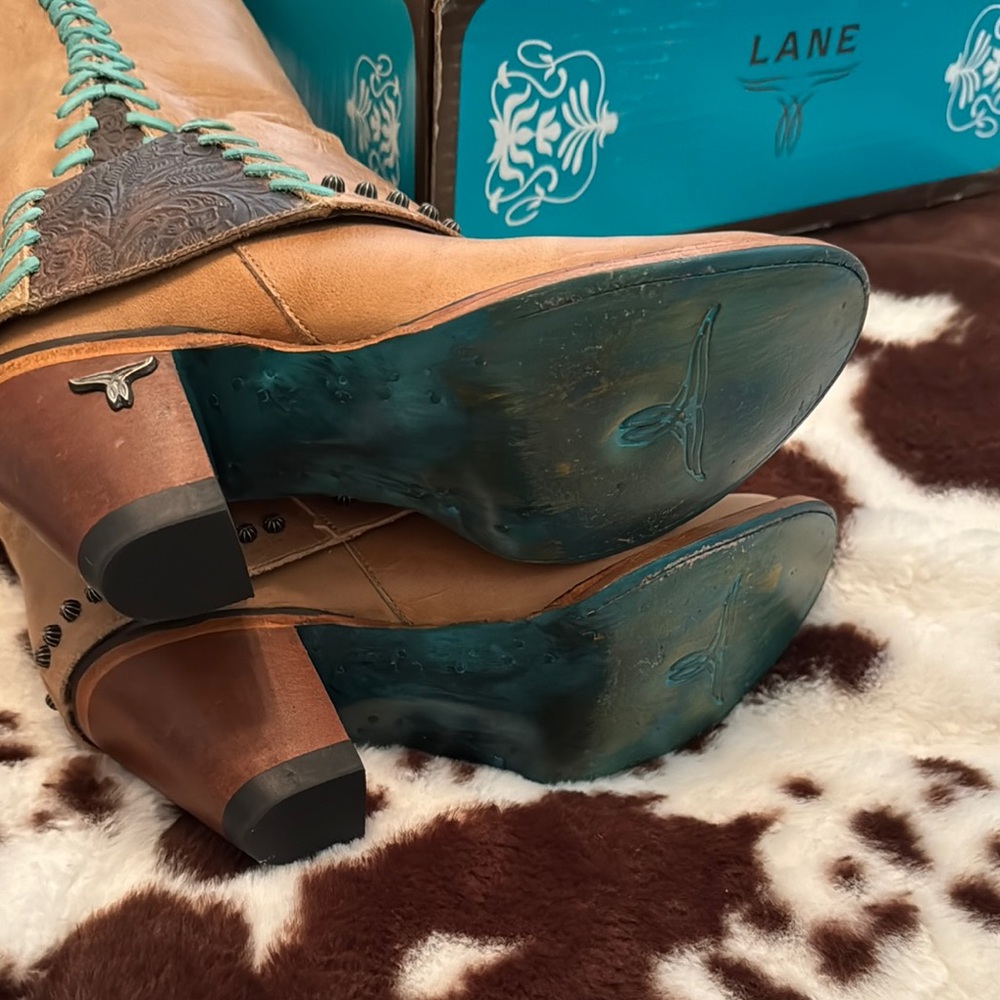 Lane Boots Women's Brown Leather Knee-High Heeled Boots with Teal Lace-Up Detail - Picture 5 of 7
